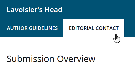 An example Submission Overview page. The EDITORIAL CONTACT displays for above the submission details.