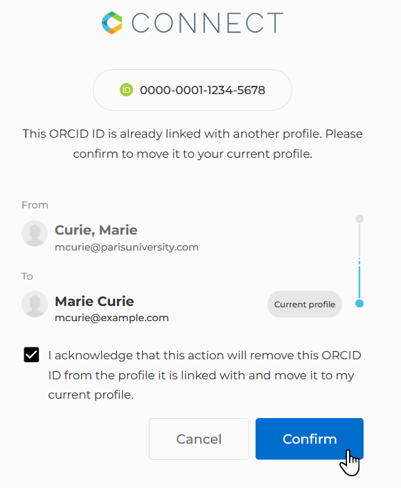 The CONNECT dialog that prompts you to choose which Author Portal account should be associated with the ORCID iD.