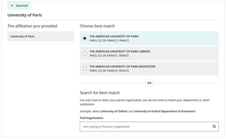 The same affiliation card as the one shown in the previous image, with the difference that under the Choose best match section, the radio button labeled The American University of Paris PARIS, ÎLE-DE-FRANCE, France has been selected, so the card title now says Matched.