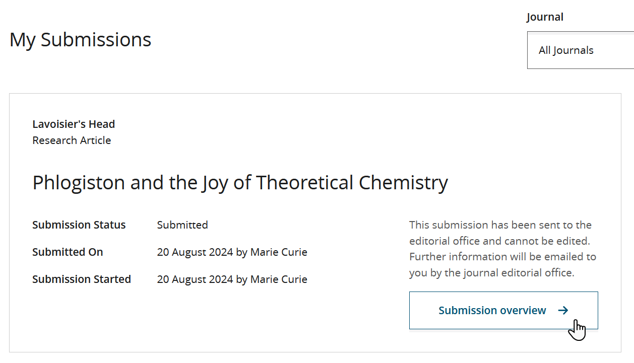 Example submission record on the My Submissions page. The Submission overview button displays for the record.